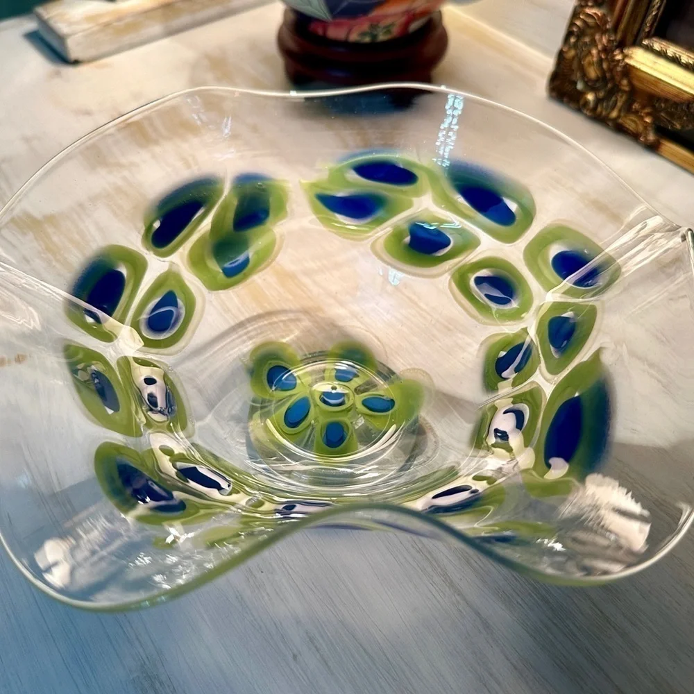 WAVY, CLEAR MIX BOWL WITH BLUE/GREEN DESIGN. HANDMADE. 8 1/4”W X 3 1/2”H